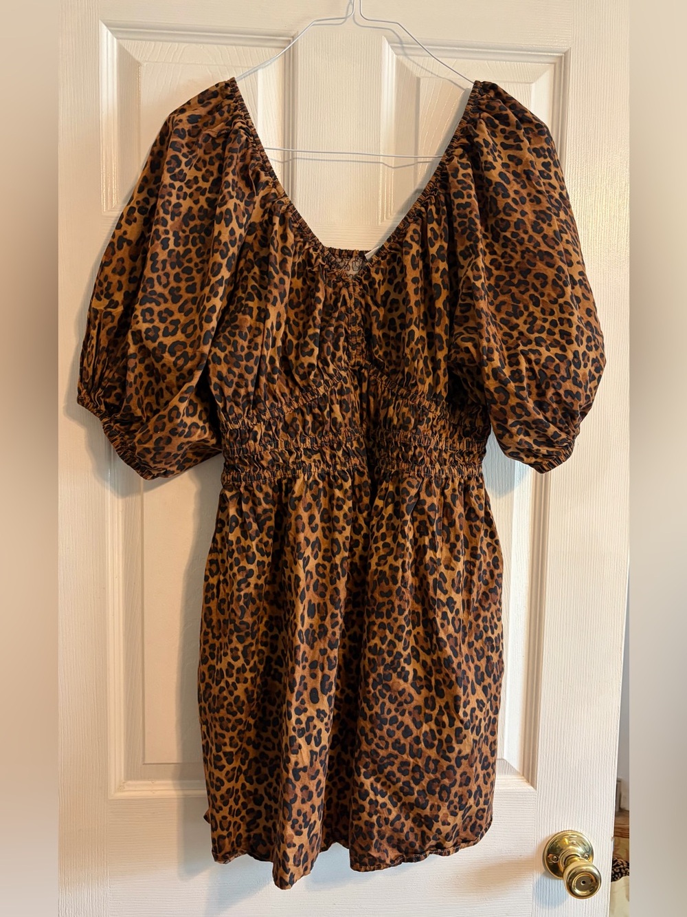 Old Navy Leopard Print Waist-Defined Mini Dress XL Smocked Puff Sleeve Cotton